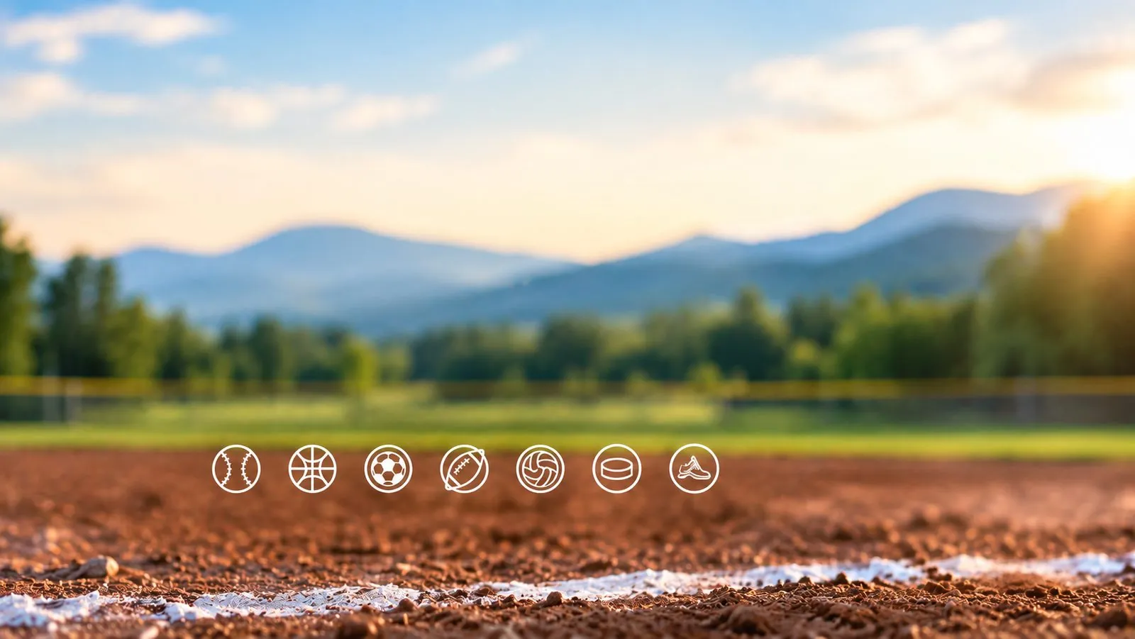 Baseball infield with icons for baseball, basketball, soccer, football, volleyball, hockey and skating
