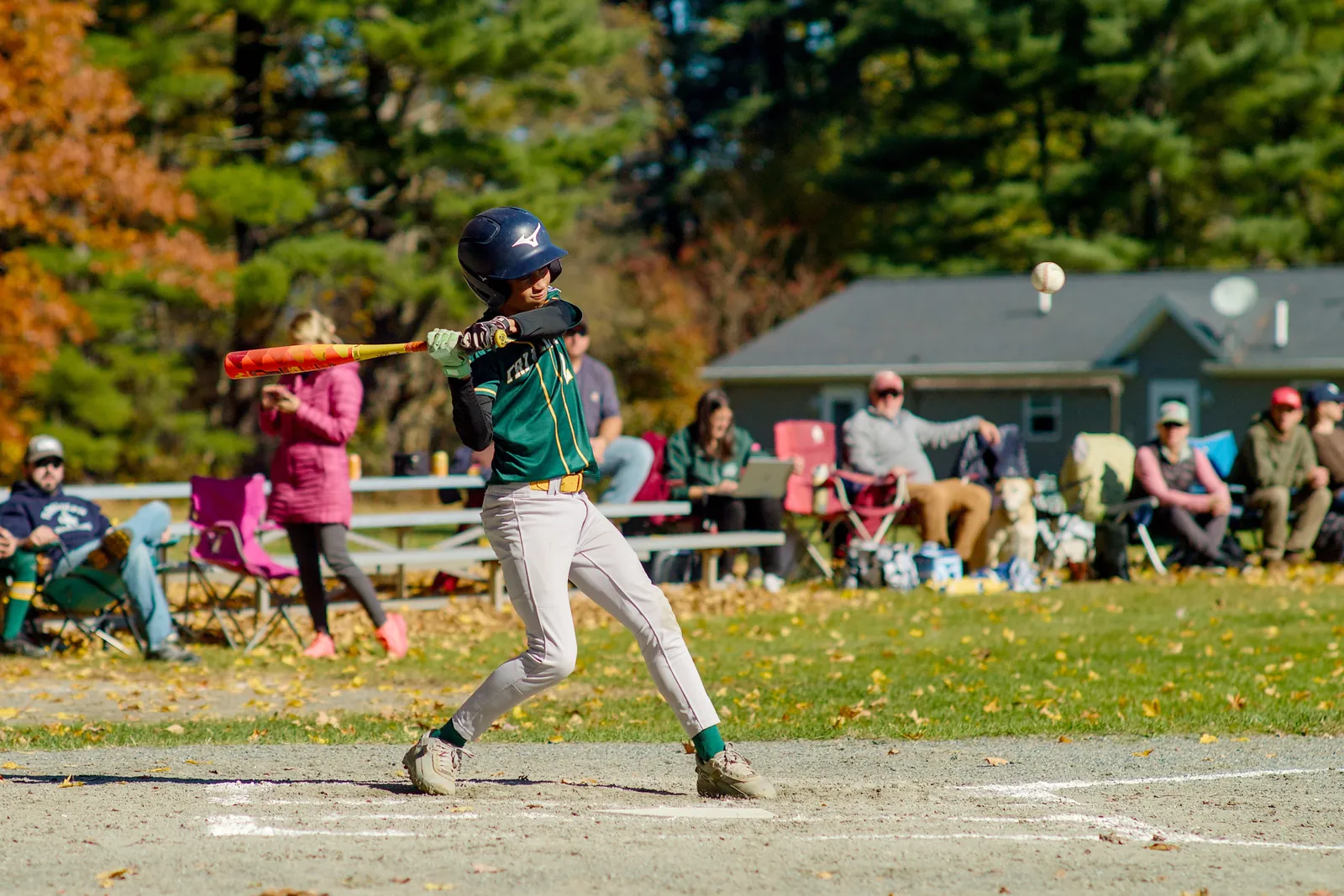 A Rizzlers batter swings in front of fall colors