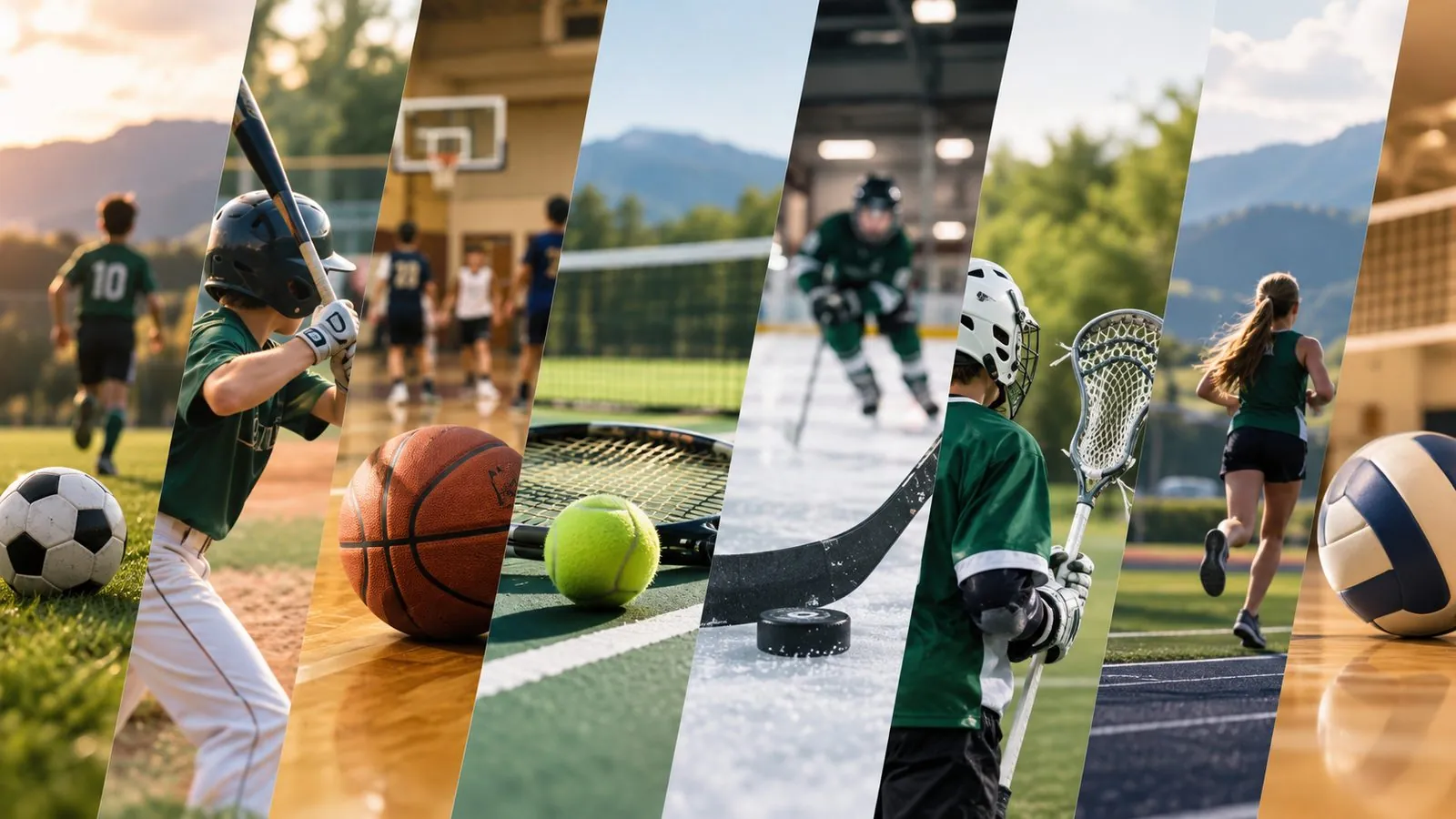 Young athletes playing soccer, baseball, basketball, tennis, hockey, lacrosse, track and volleyball